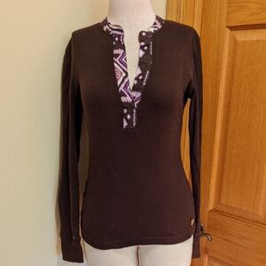 Tory Burch Chocolate V Neck Long Sleeve Top  Size M